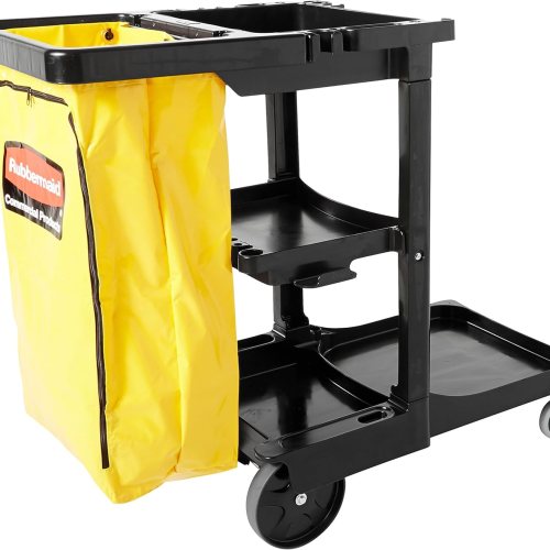 Rubbermaid 3-Shelf Cleaning Cart Wheeled w/Zippered Yellow Vinyl Bag Black