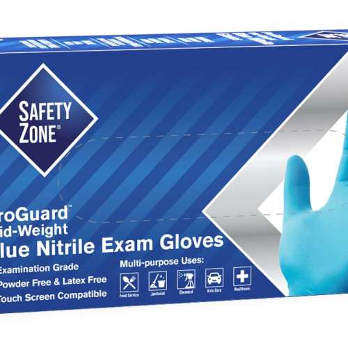 Safety Zone PF Blue Nitrile Gloves Mid-Weight Large 100/bx 10/cs
